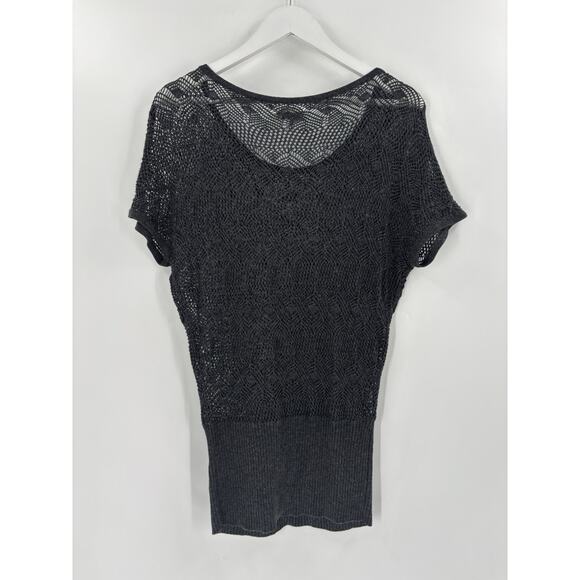 Cache Sweater Top Womens Medium Gray Crochet Knit Short Sleeves Metallic Scoop - Picture 8 of 14